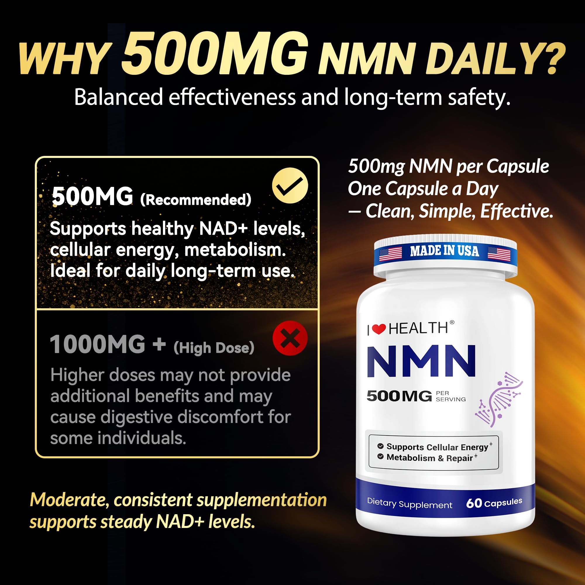 I LOVE HEALTH NMN 500mg label highlights vegan-friendly, gluten-free formulation.
