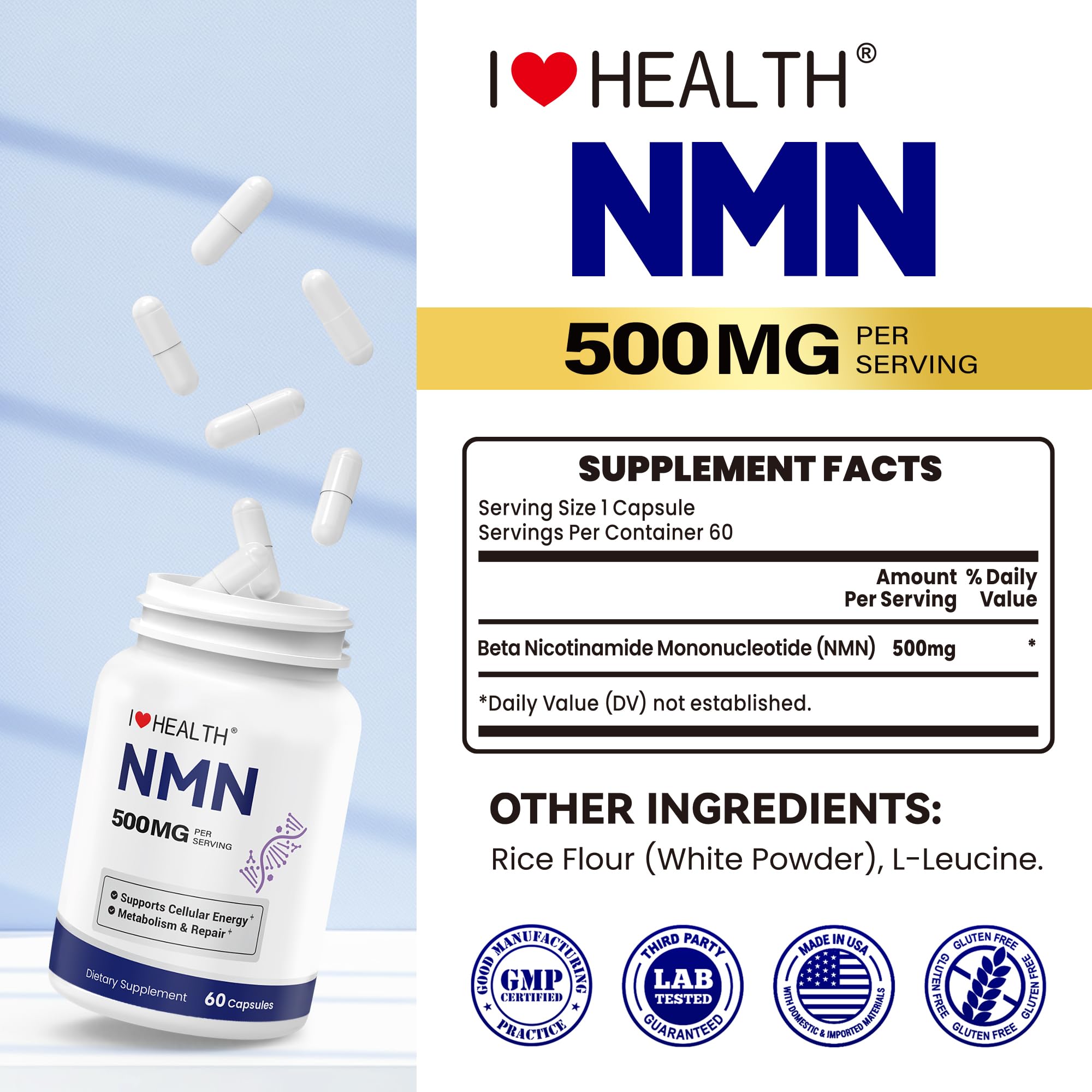 I LOVE HEALTH NMN 500mg box with certificate signals third-party purity verification.