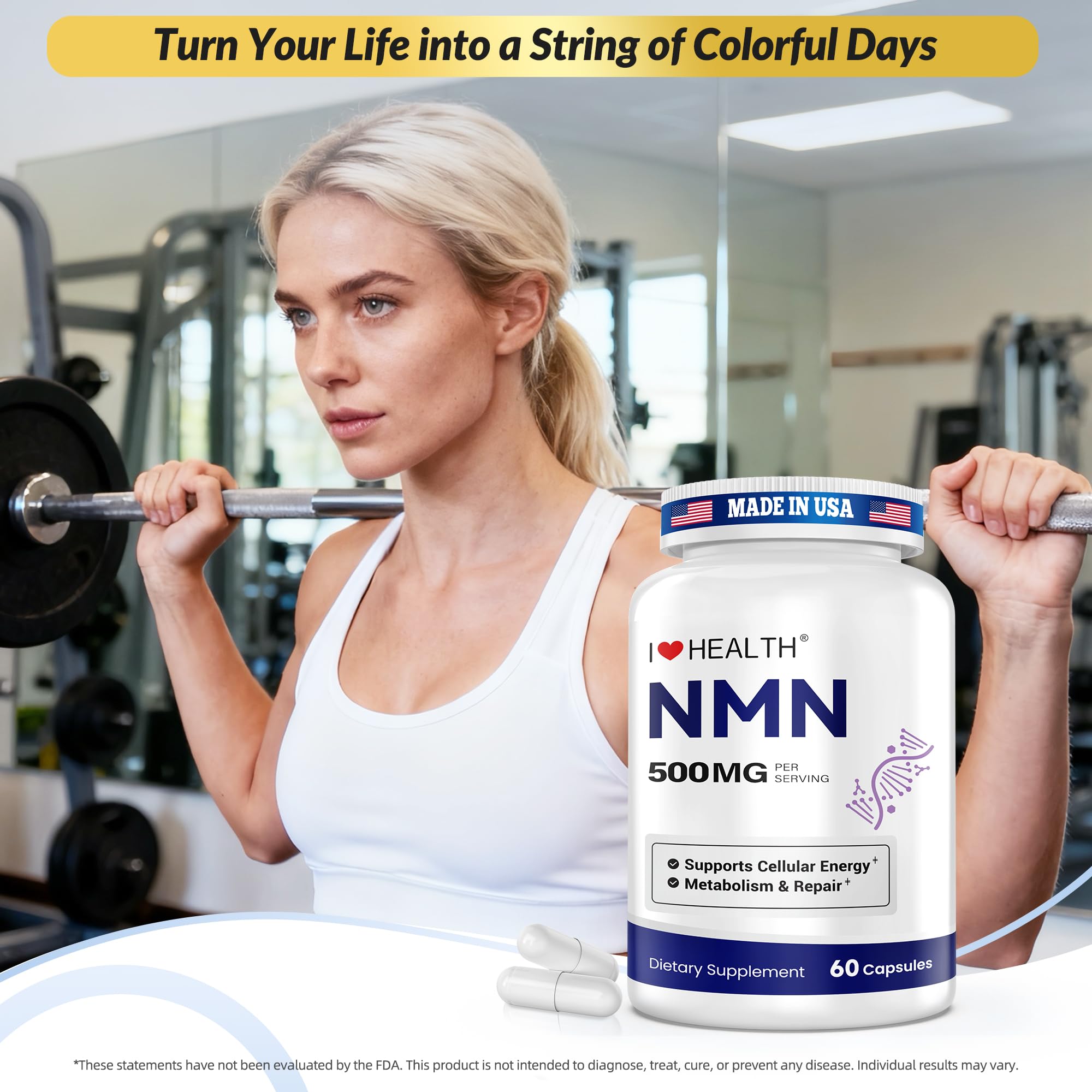 I LOVE HEALTH NMN 500mg bottle shows Made in USA and strict cGMP processes.