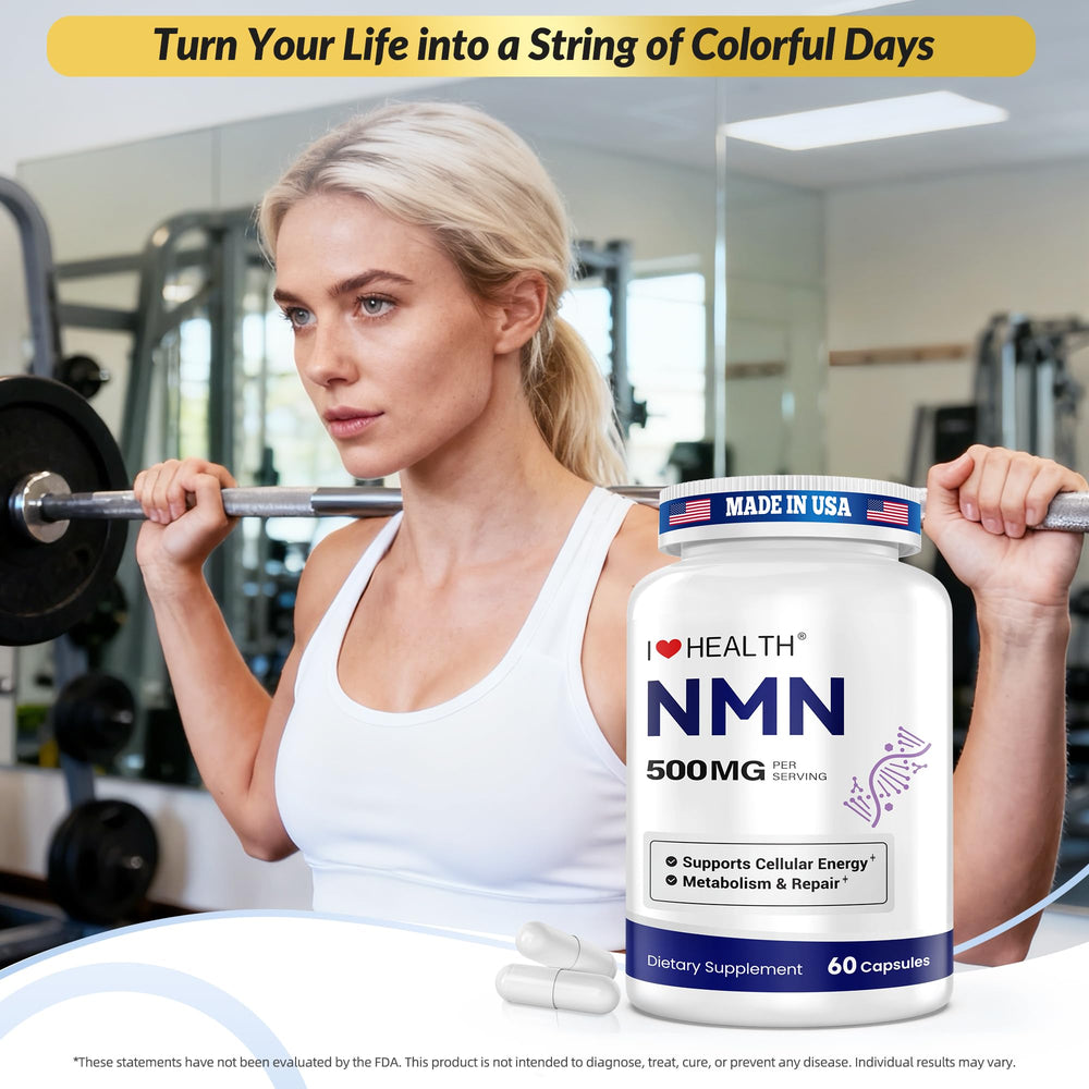 I LOVE HEALTH NMN 500mg bottle shows Made in USA and strict cGMP processes.