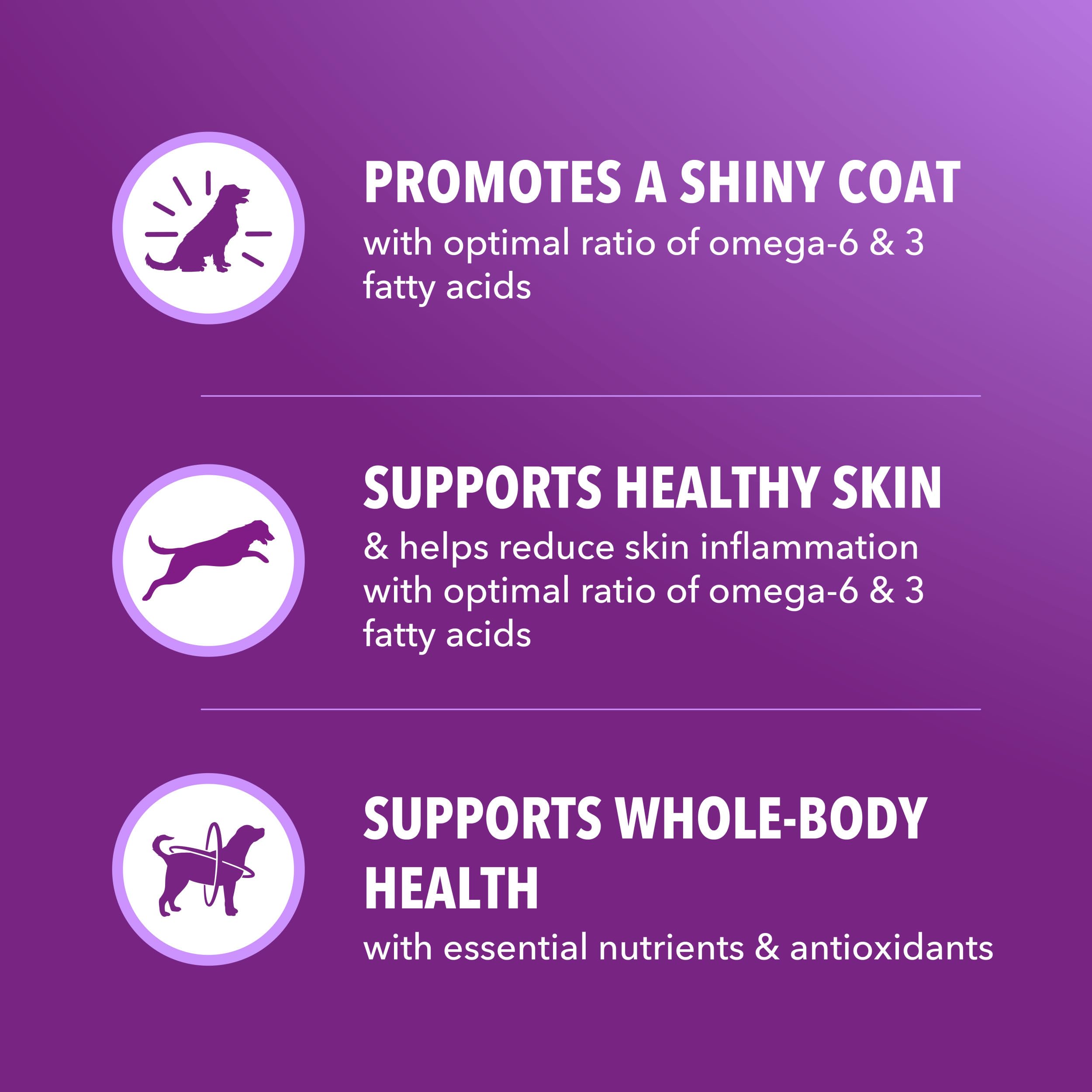 Omega blend supports healthy skin and coat with omega fatty acids.
