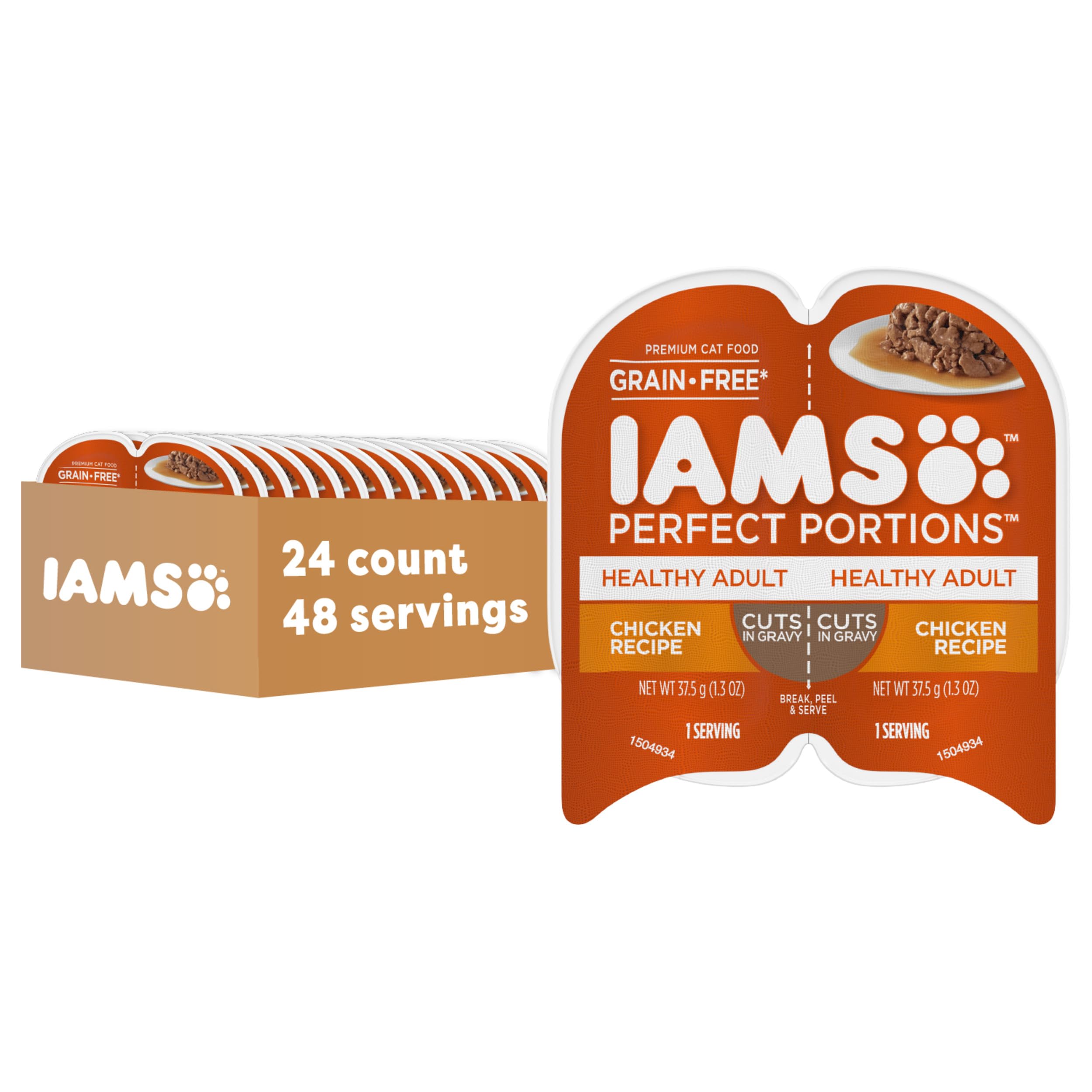 Front packaging of IAMS Perfect Portions grain-free wet cat food with chicken cuts in gravy.