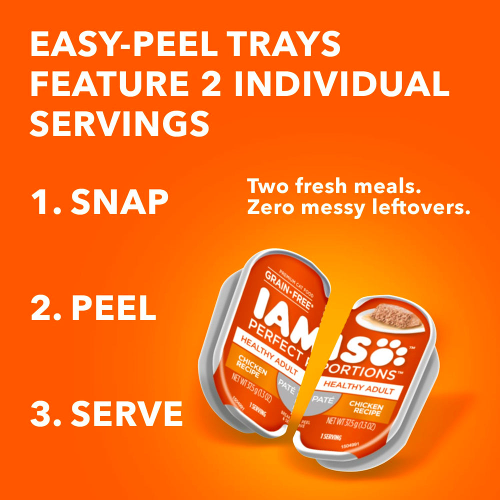 IAMS Perfect Portions grain-free formula packaging emphasizing clean ingredients