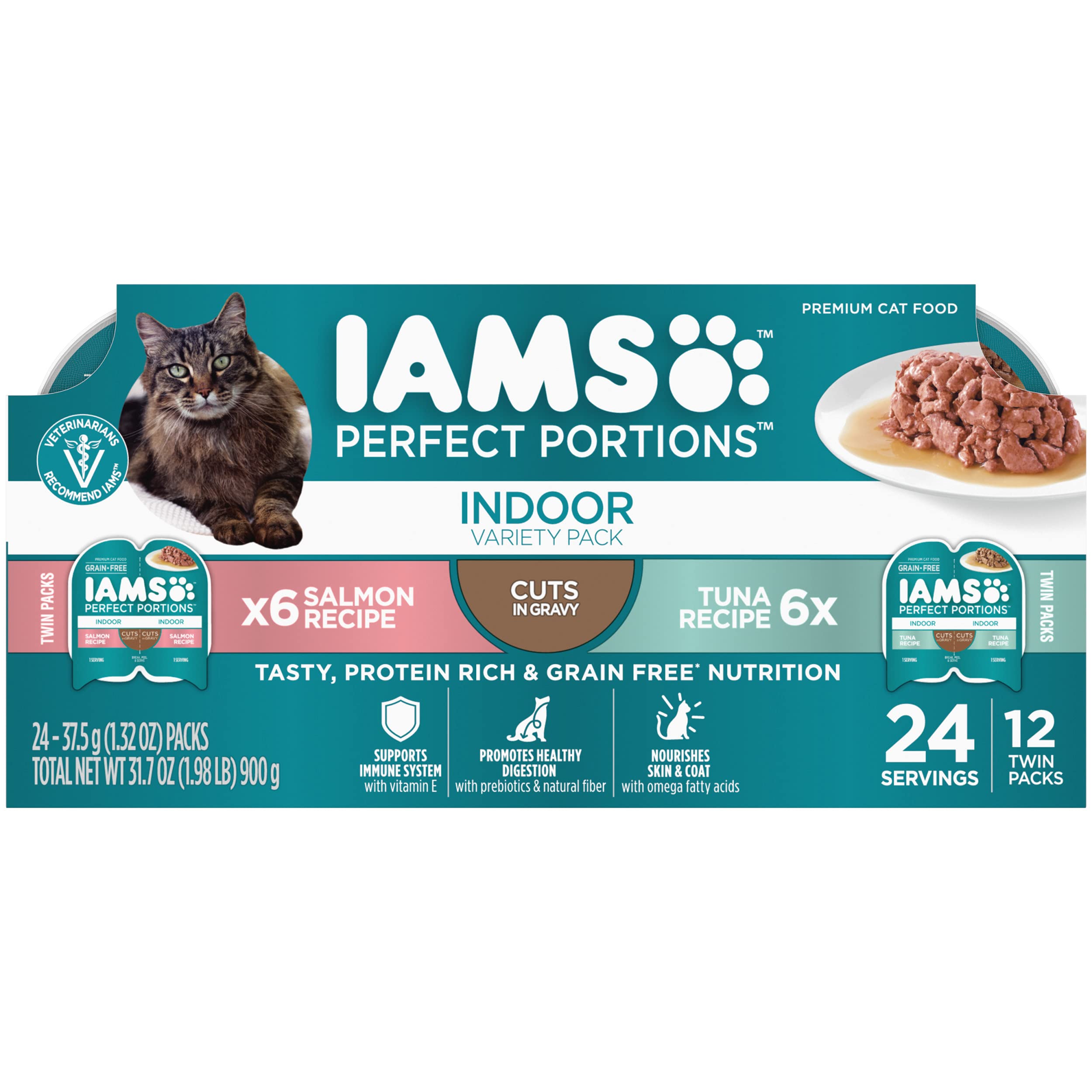 IAMS Perfect Portions grain-free wet cat food indoors with tuna and salmon in gravy for easy feeding