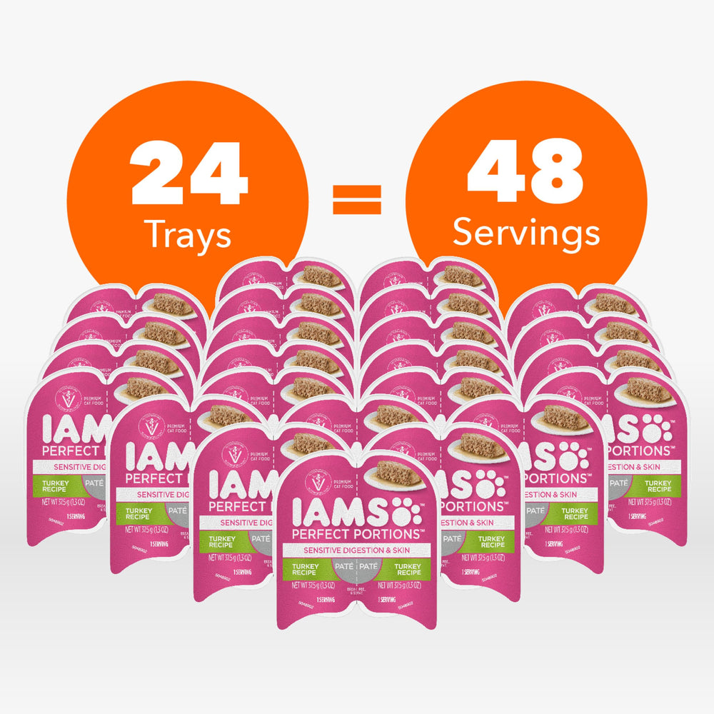IAMS Perfect Portions twin-pack trays opened to reveal two fresh meals.