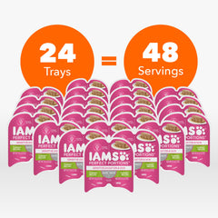 IAMS Perfect Portions twin-pack trays opened to reveal two fresh meals.