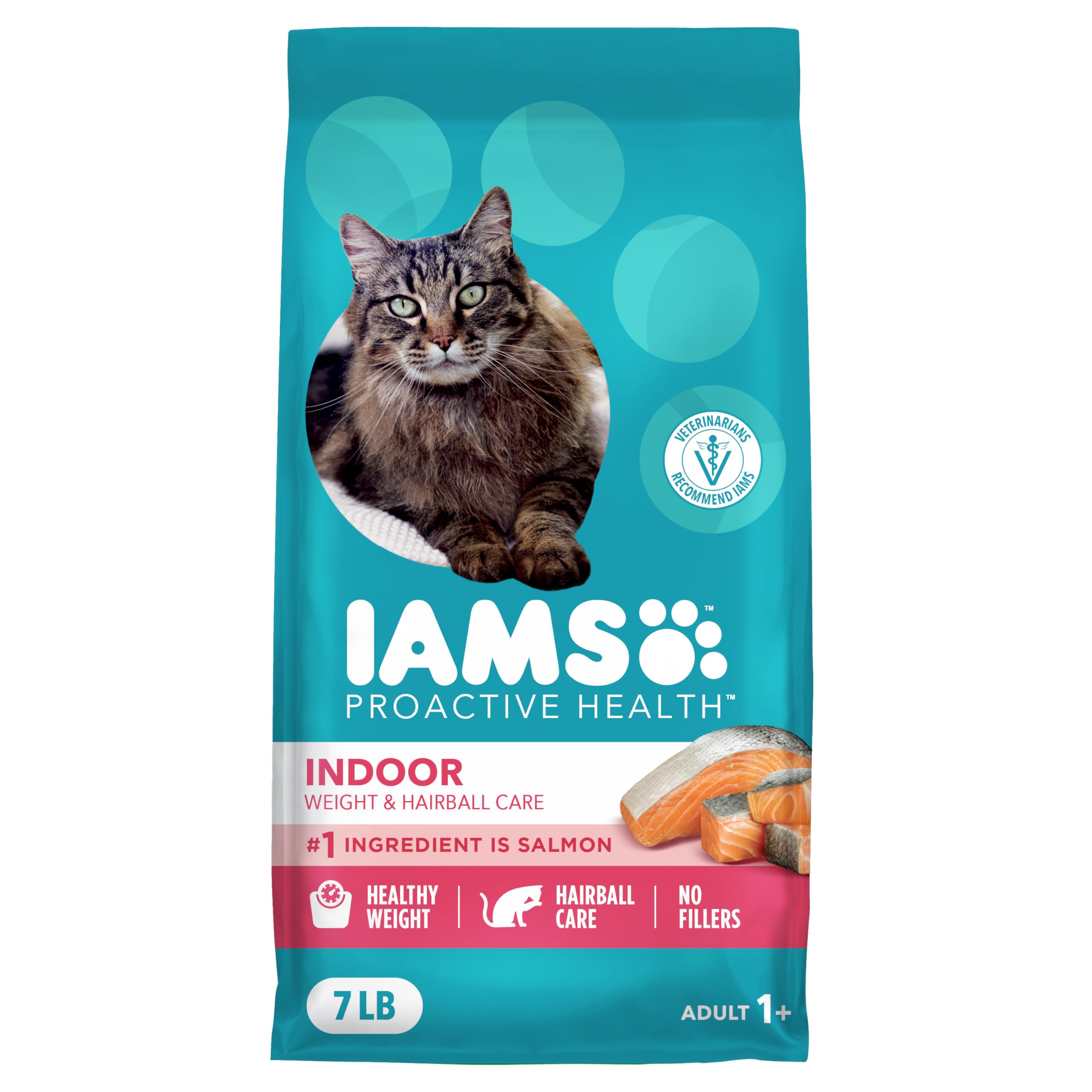IAMS Proactive Health dry cat food bag highlights indoor health and balanced nutrition.