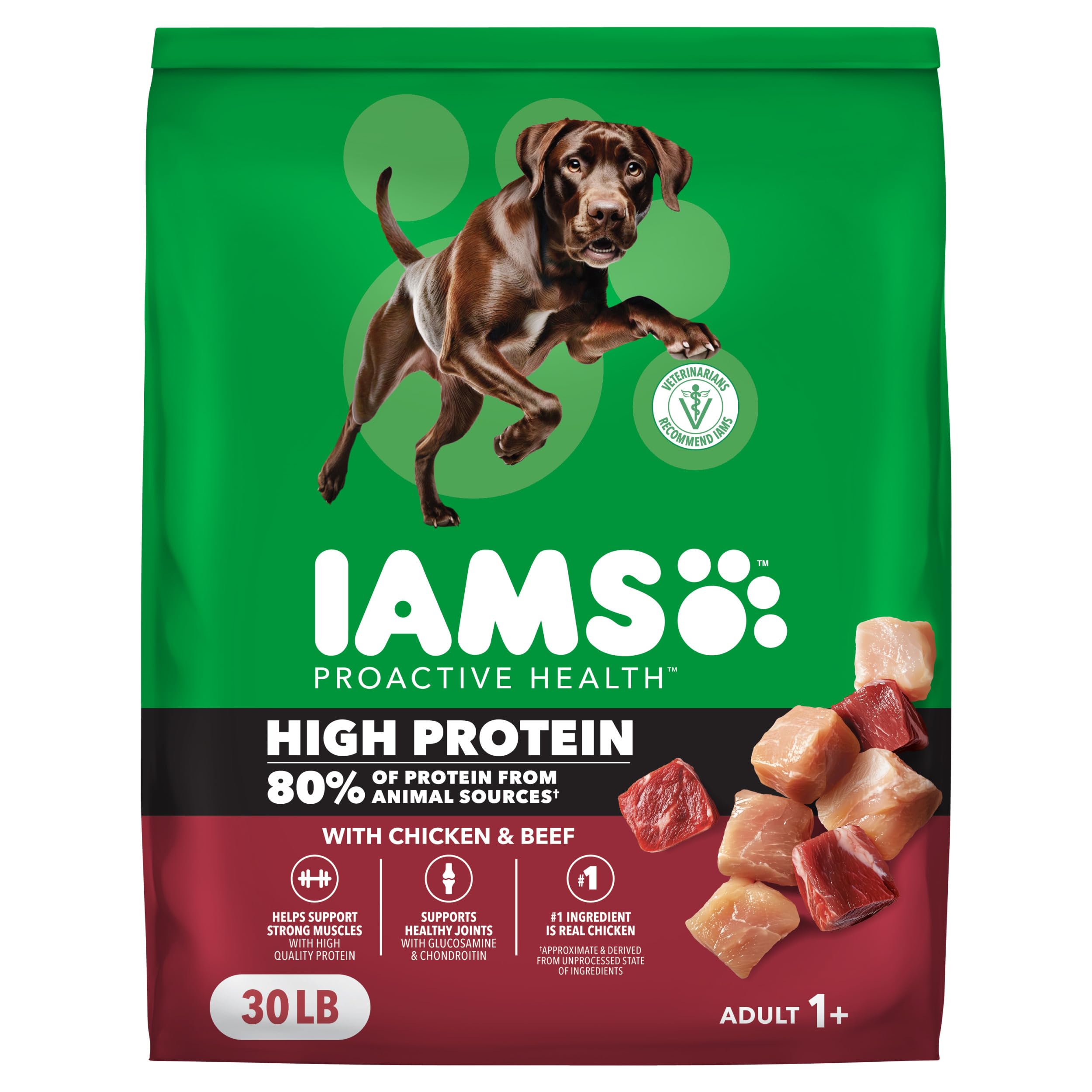 IAMS Proactive Health High Protein dog food bag front, supports muscle health