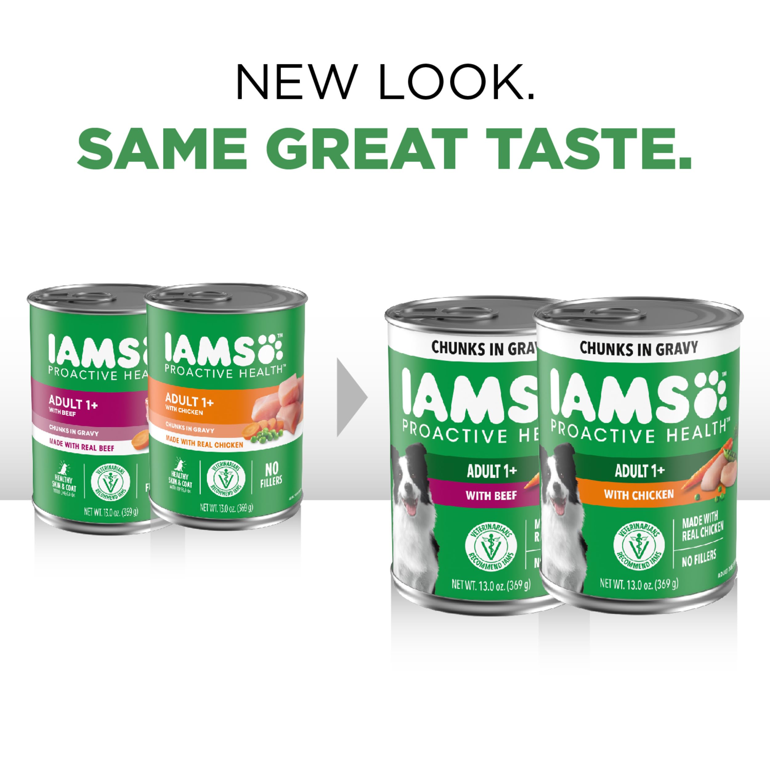 IAMS Proactive Health cans show real ingredients and balanced nutrition.