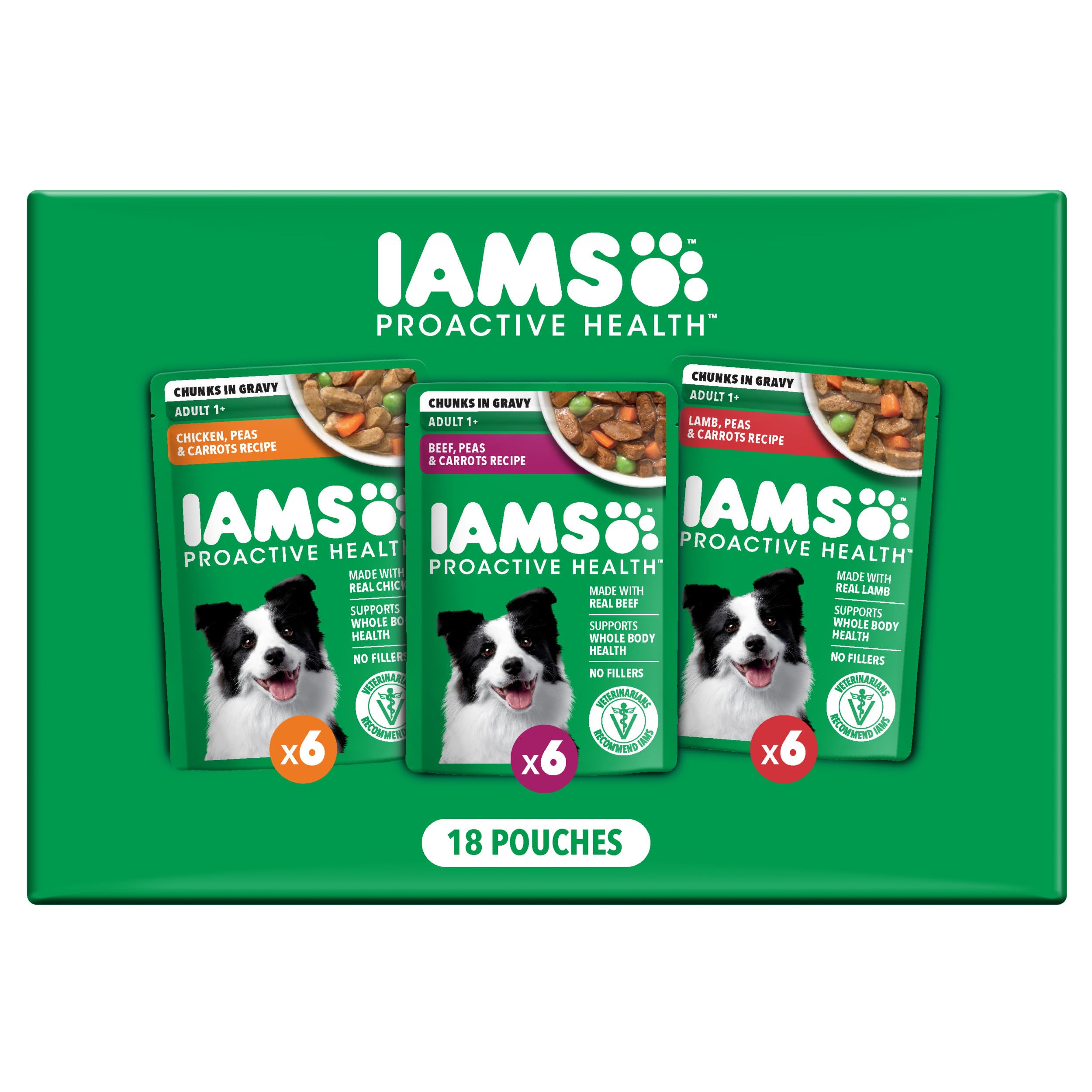 IAMS Proactive Health beef pouch for adult dogs—protein-rich meal.