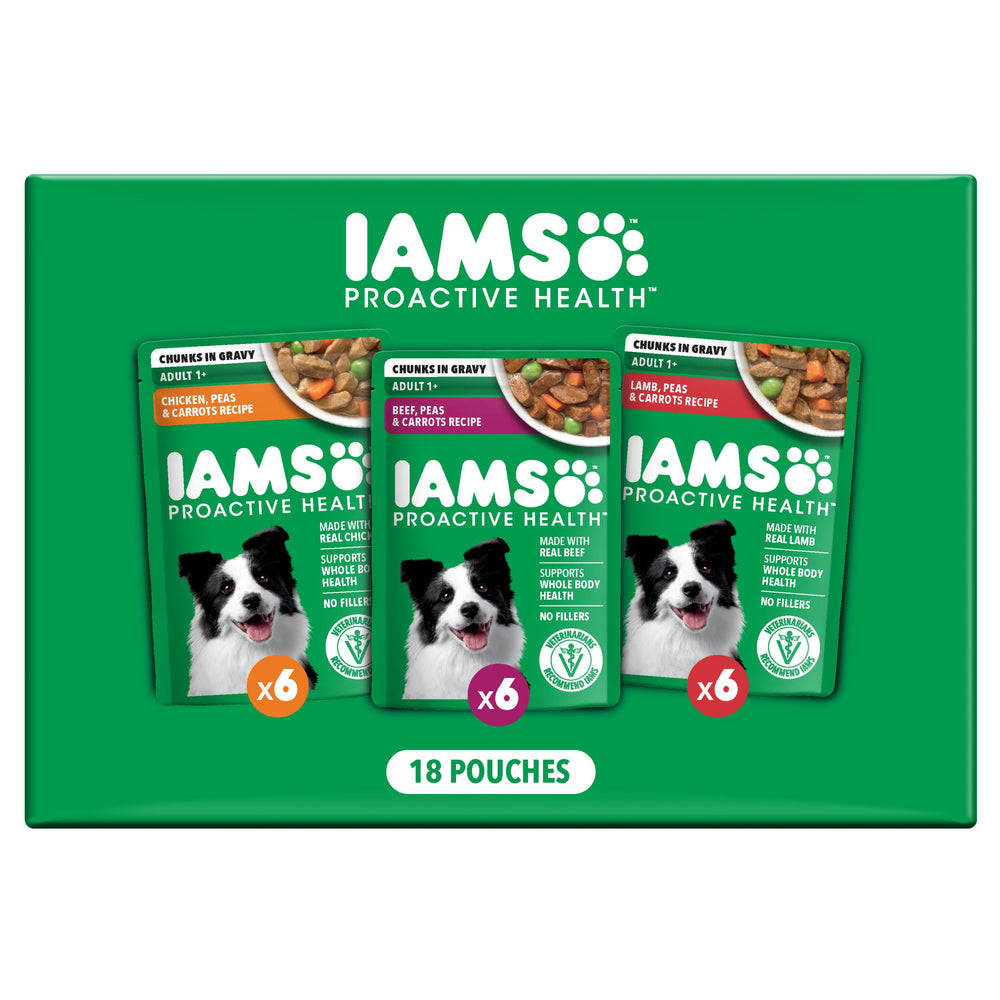 IAMS Proactive Health beef pouch for adult dogs—protein-rich meal.