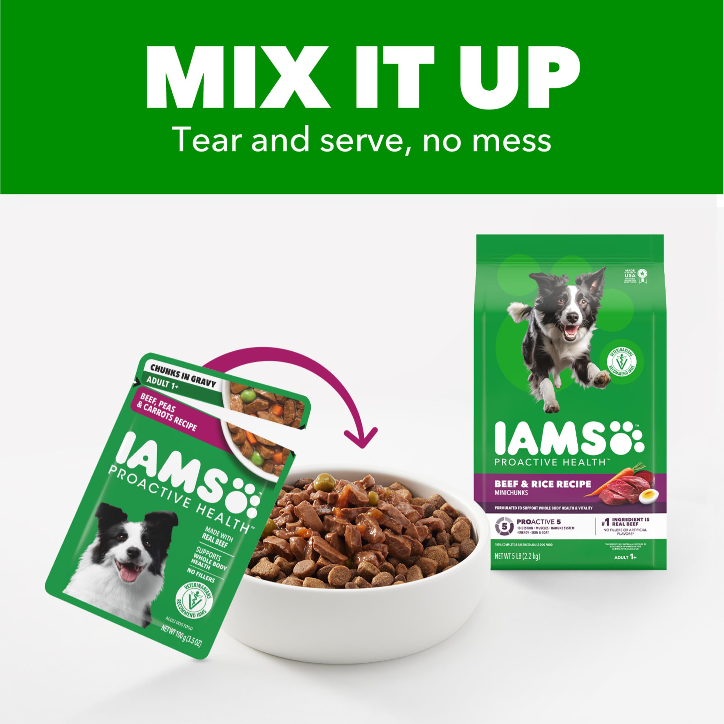 IAMS Proactive Health pouch serving size for easy portion control.