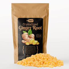 IAN's crystallized ginger pieces in a bag, ideal for healthy snacking