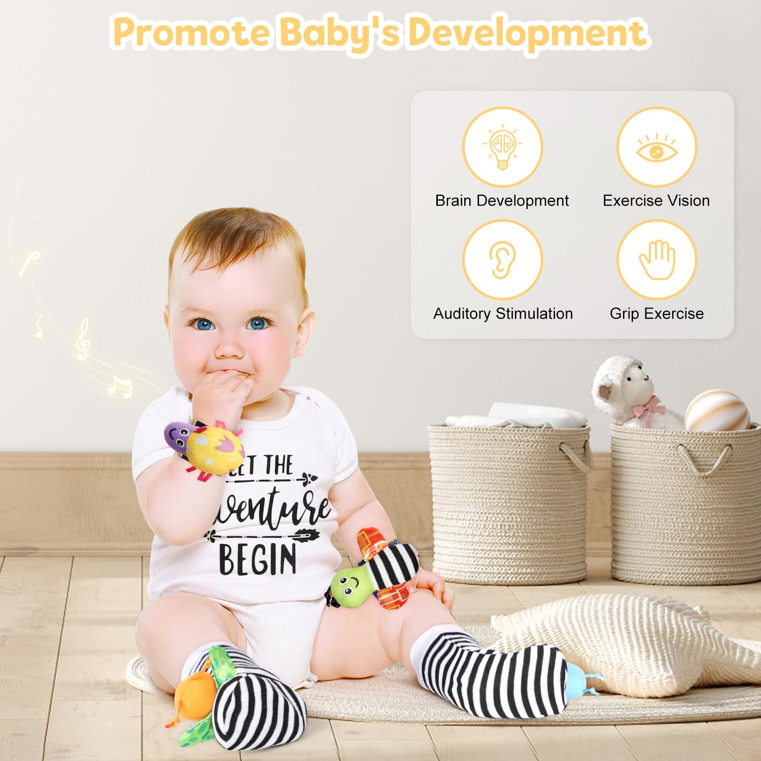 iaovueby wrist rattles with ladybug and butterfly to engage tiny hands and motor skills.