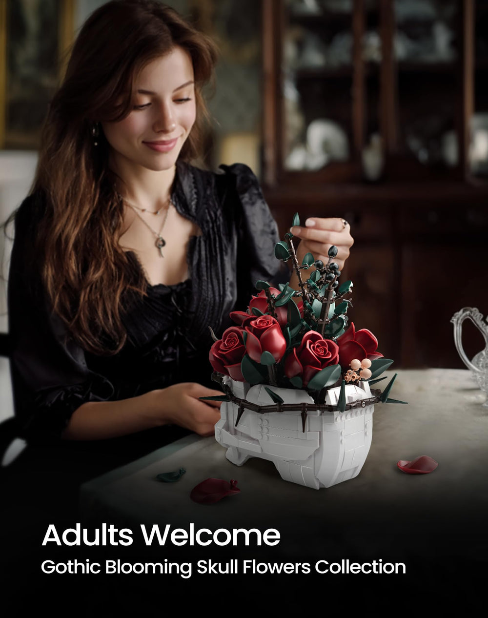 iATOM horror skeleton planter with ivy offers a striking focal point for a table.