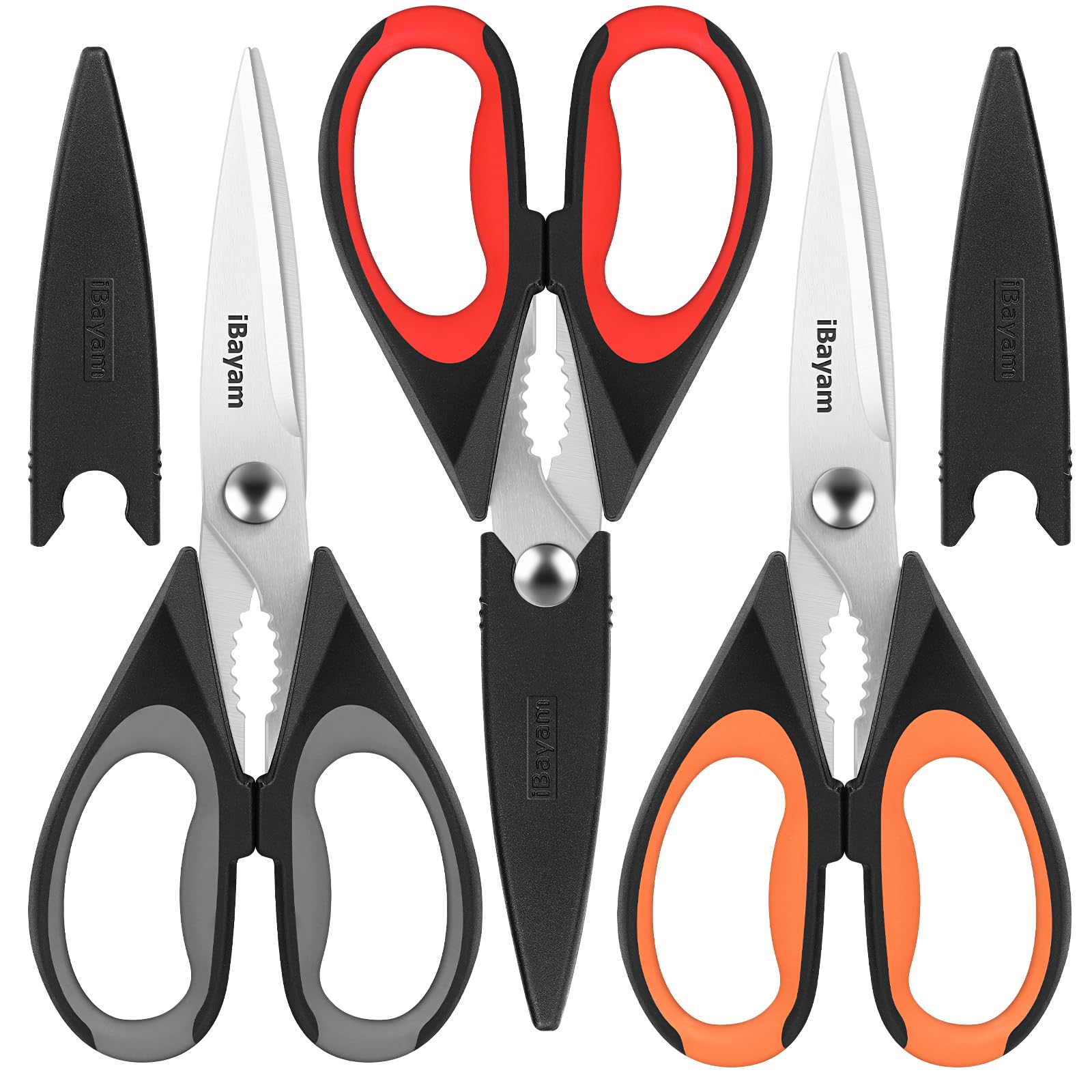iBayam 3-pack kitchen scissors with heavy-duty blades for tough tasks.