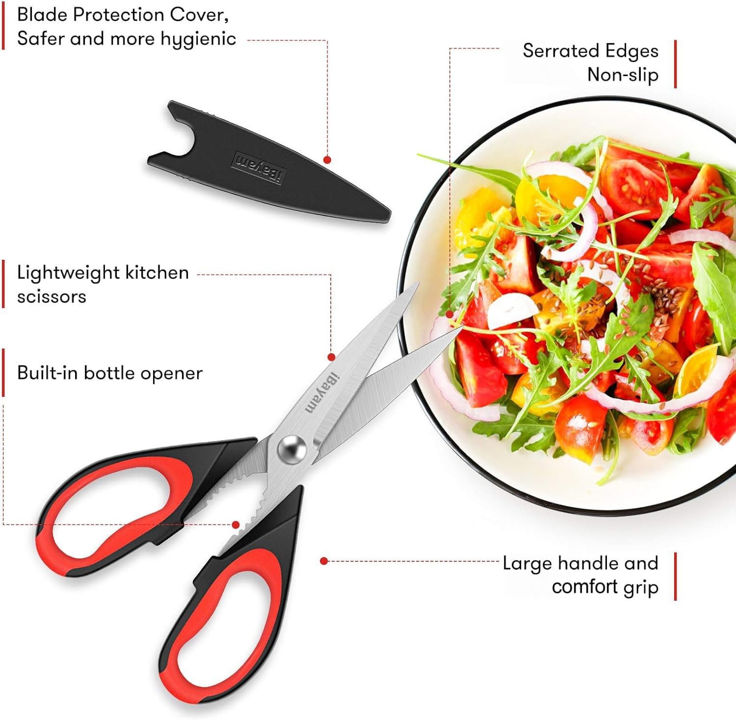 iBayam red-handle kitchen scissors for color-coded task organization.