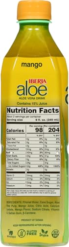 Close-up of Iberia Aloe Vera Drink with mango pulp and tropical flavor.