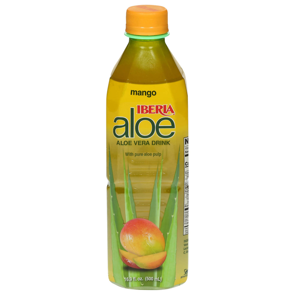 Chilled Iberia Aloe Vera Drink mango in a glass ready to sip.