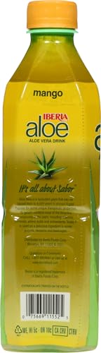Iberia Aloe Vera Drink mango flavor pack of eight bottles on shelf.