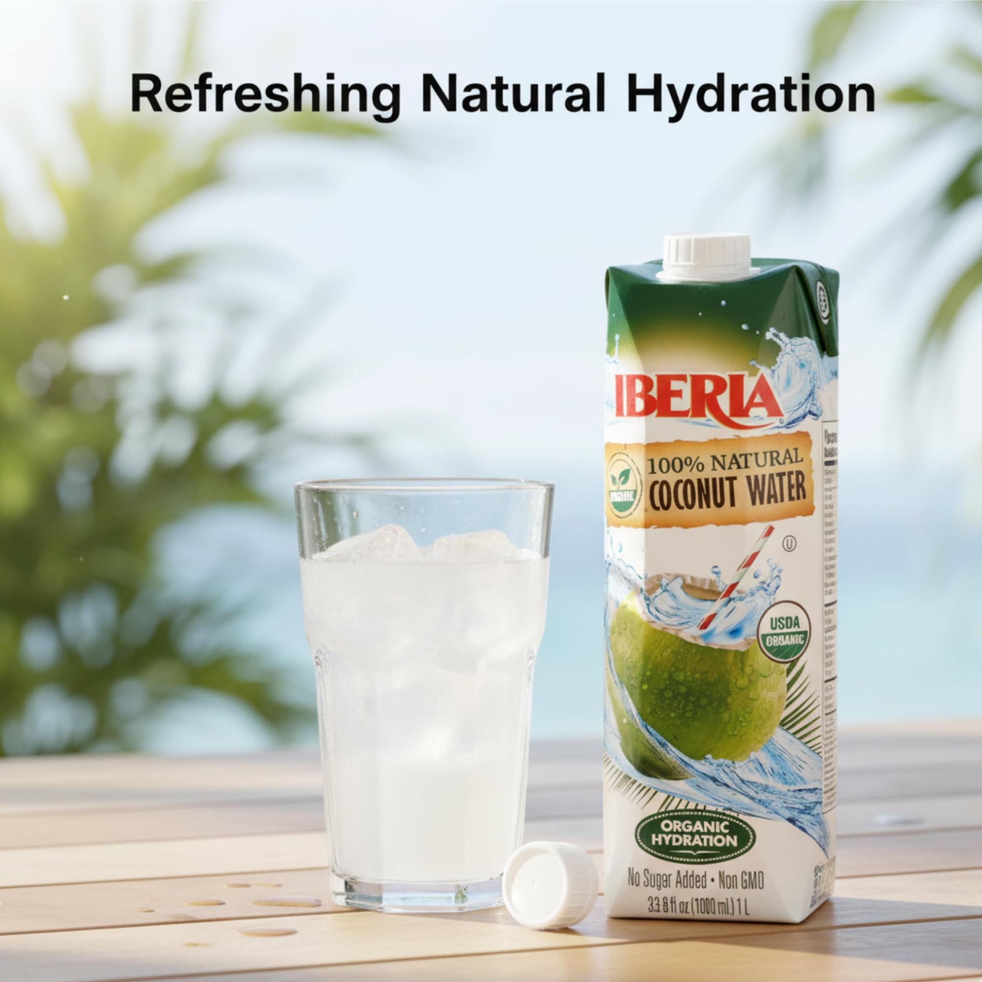 Iberia coconut water nutrition panel showing potassium-rich hydration.