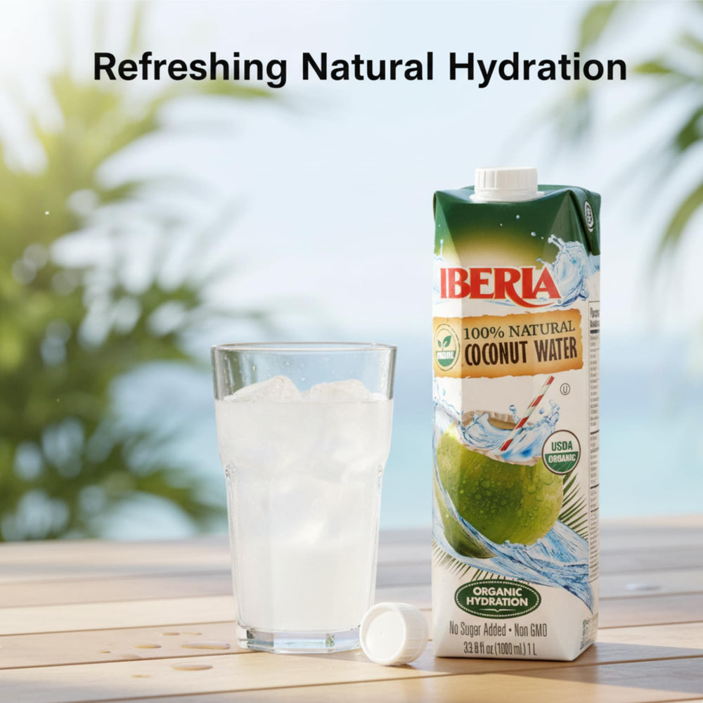 Iberia coconut water nutrition panel showing potassium-rich hydration.