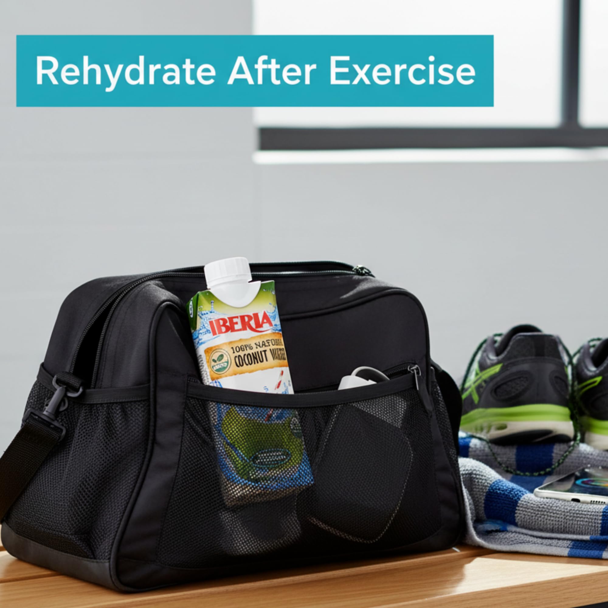 Iberia coconut water on-the-go pack—office or travel hydration.