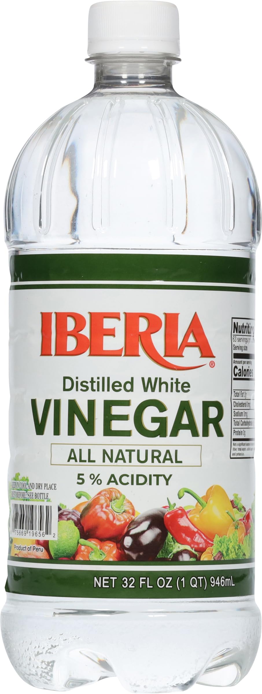 Iberia Distilled White Vinegar bottle front view, versatile kitchen staple for cooking and cleaning.