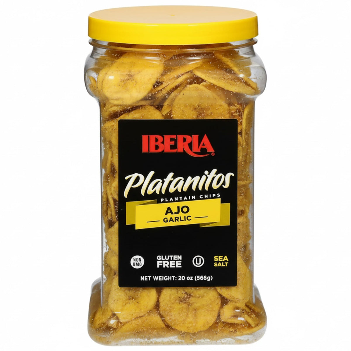 Iberia garlic plantain chips jar showing crisp texture for quick snacking