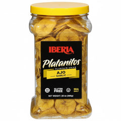 Iberia garlic plantain chips jar showing crisp texture for quick snacking