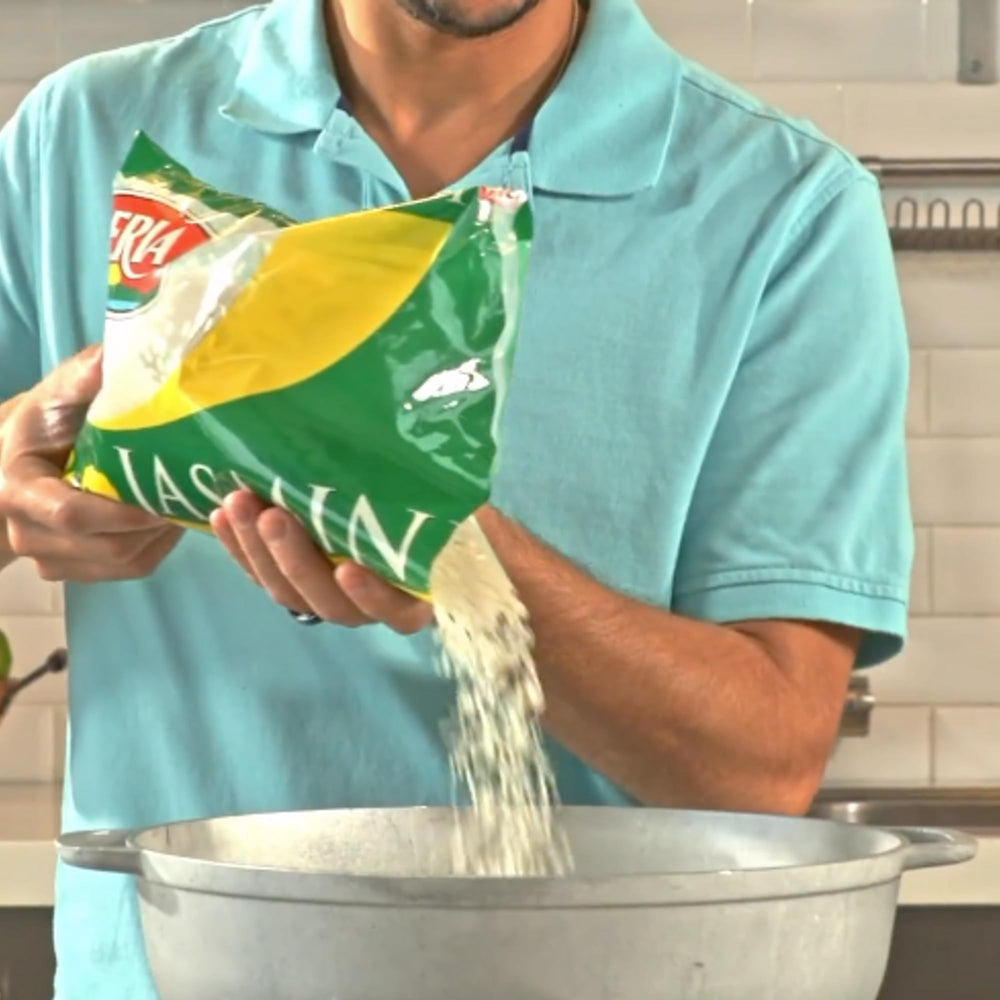 Iberia Jasmine Rice 5 lbs bag stored in pantry.