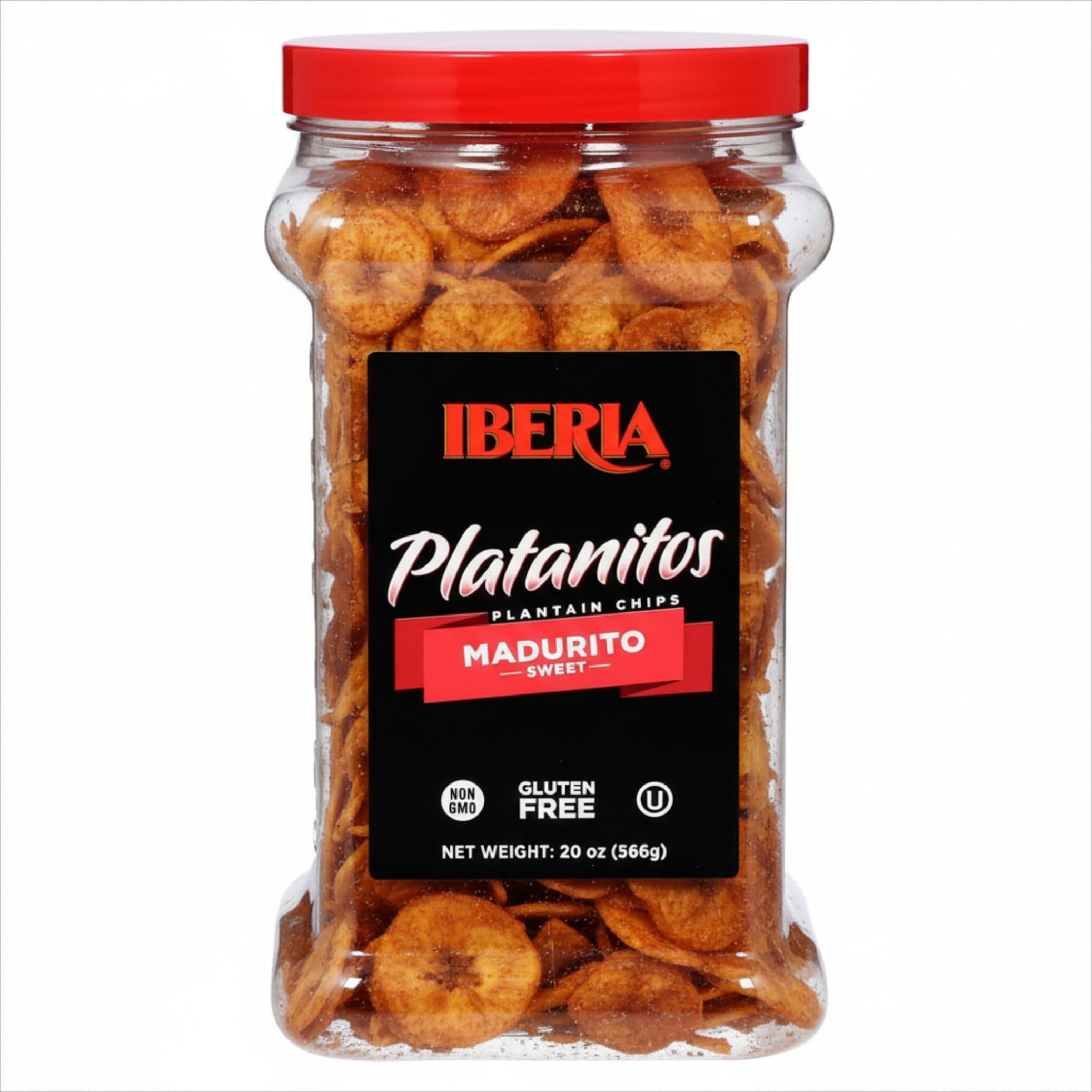 Iberia Maduritos plantain chips jar shows natural sweetness and convenient snacking