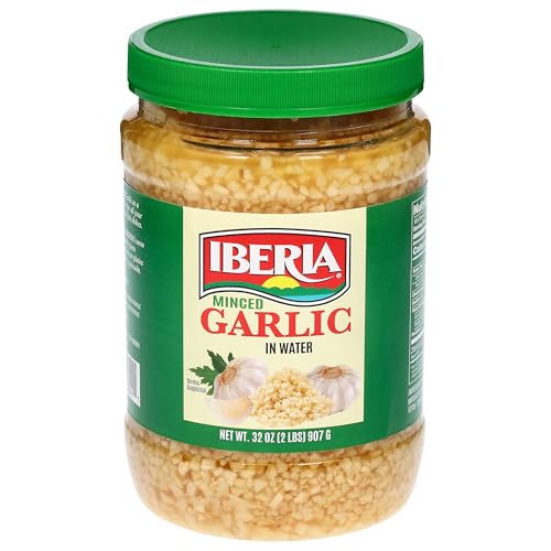 Iberia minced garlic water bottle closeup highlights natural texture and aroma.