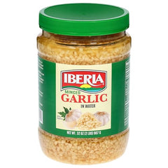 Iberia minced garlic water bottle closeup highlights natural texture and aroma.