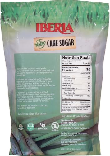 Iberia Organic Cane Sugar pack-3 label showing ingredients and certifications.