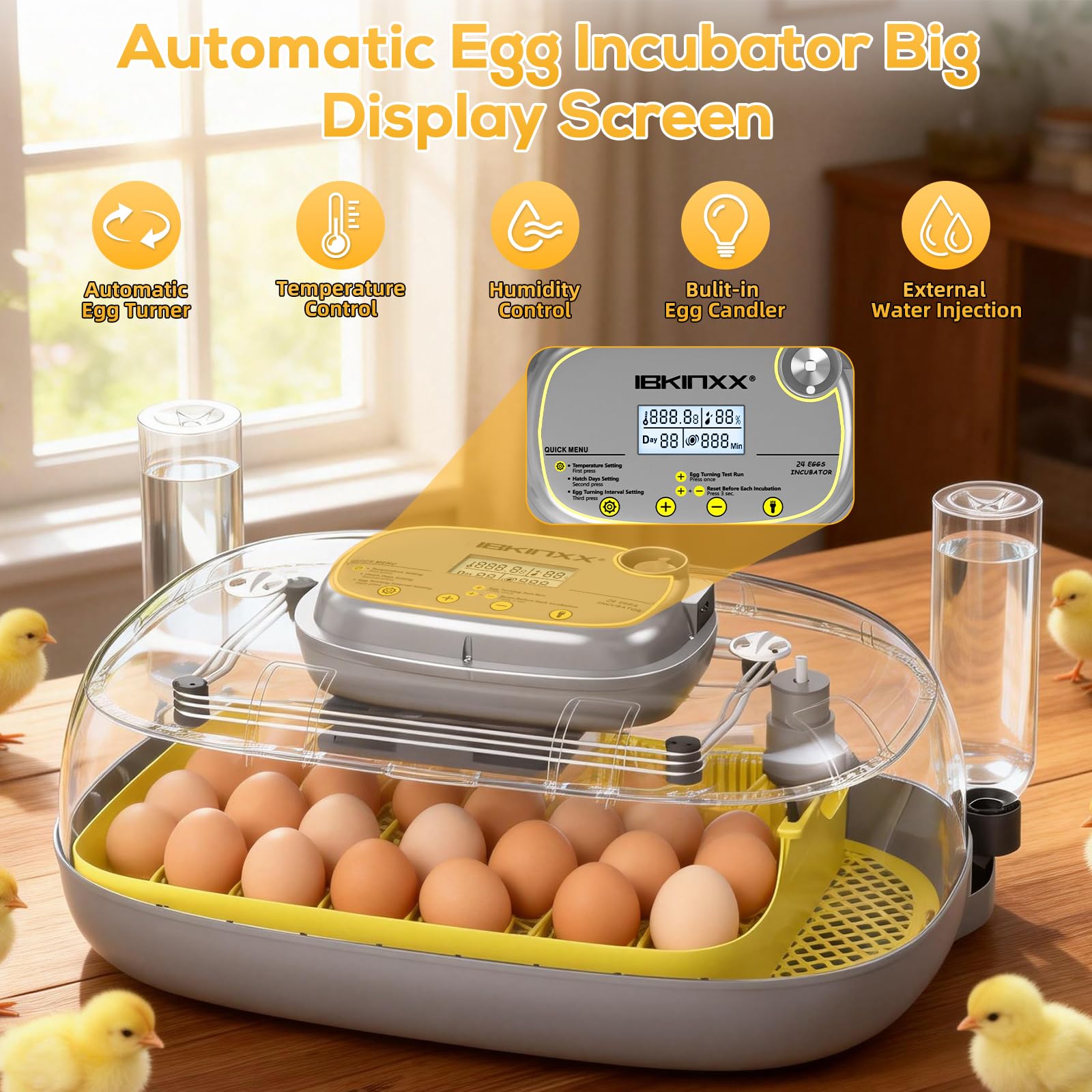 IBKINXX incubator temperature and humidity control helps maintain stable conditions.