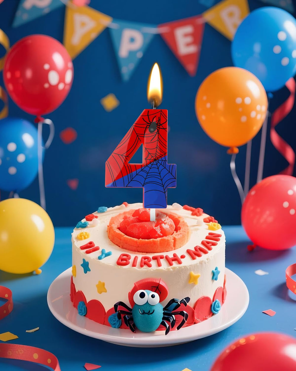 IBLESSU number candle with spider motif provides bold cake presence.