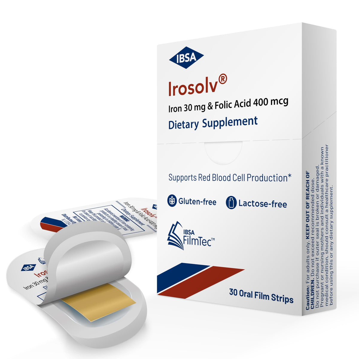 Ibsa Irosolv film-strip-pack showcasing convenient iron supplement in ready-to-use format.