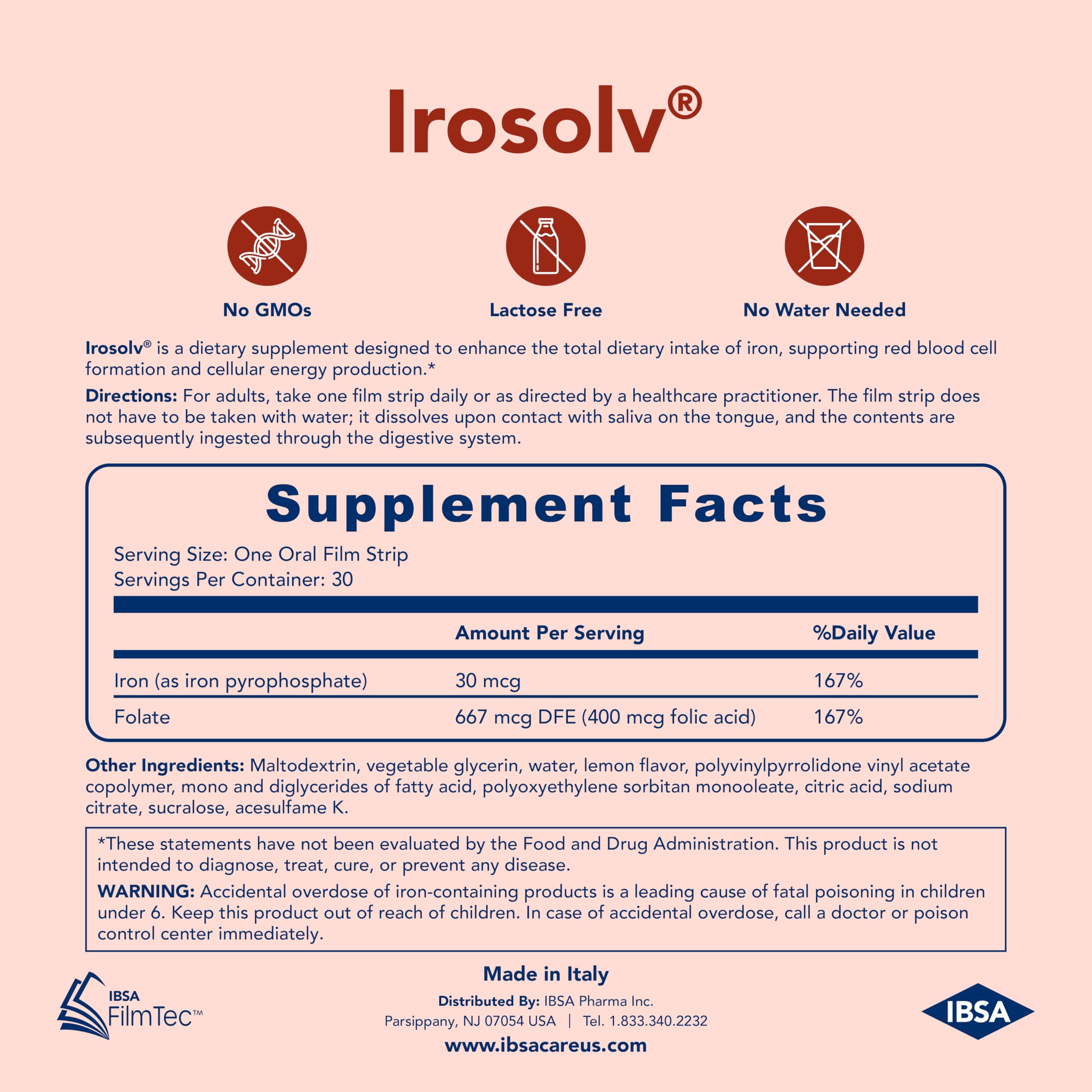 Ibsa Irosolv gluten-free-dairy-free-label demonstrates suitability for dietary needs.