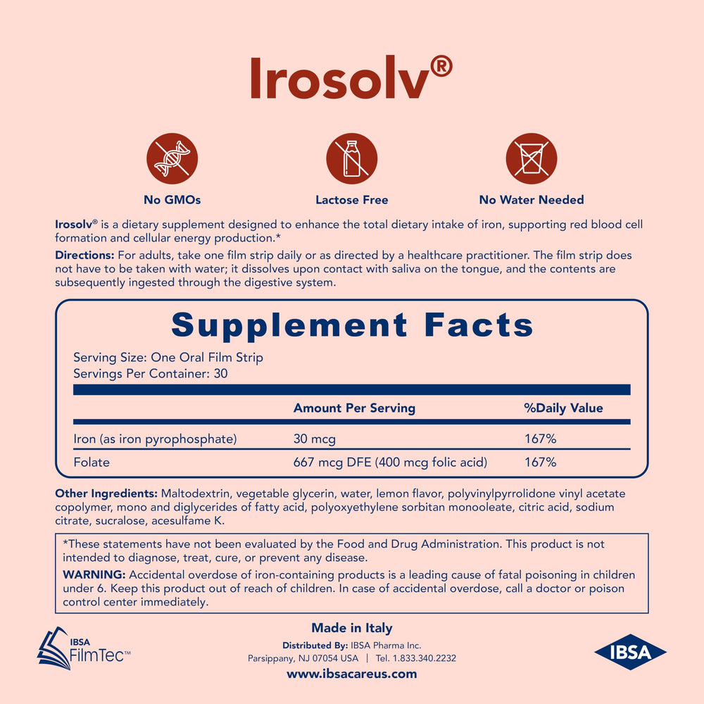 Ibsa Irosolv gluten-free-dairy-free-label demonstrates suitability for dietary needs.