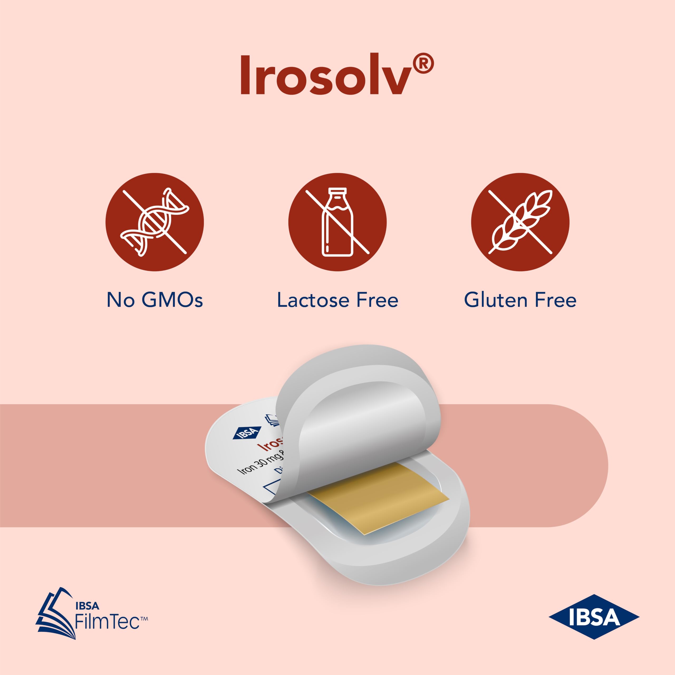 Ibsa Irosolv lemon-flavored-film-strip emphasizes pleasant taste for on-the-go iron intake.