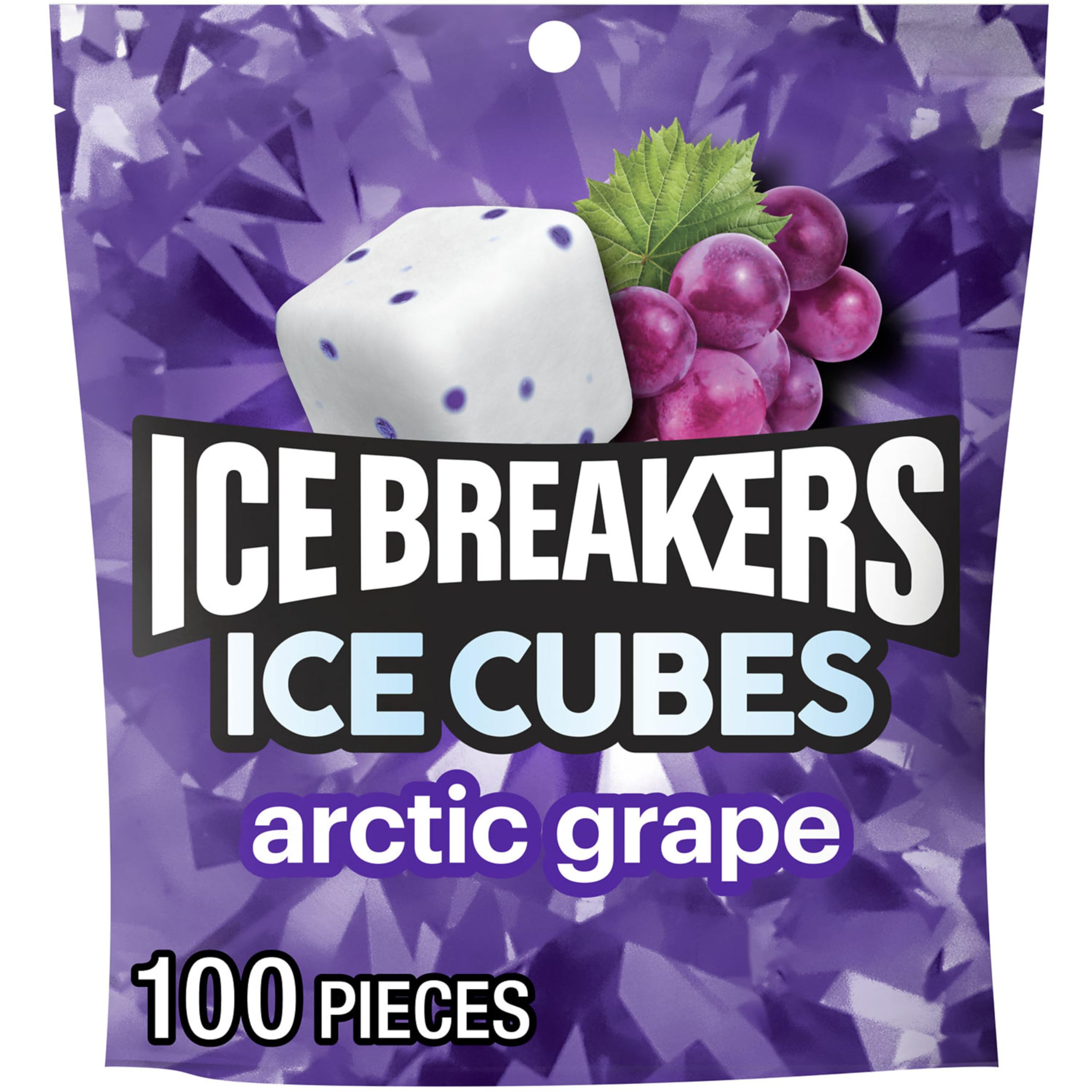 Ice Breakers Arctic Grape Ice Cubes pouch shows brand and flavor for on-the-go freshness.