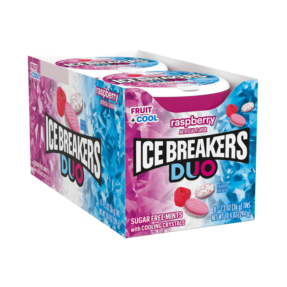 Close-up of Ice Breakers Duo Raspberry Mints showing raspberry flavor and cooling crystals.