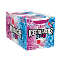 Close-up of Ice Breakers Duo Raspberry Mints showing raspberry flavor and cooling crystals.