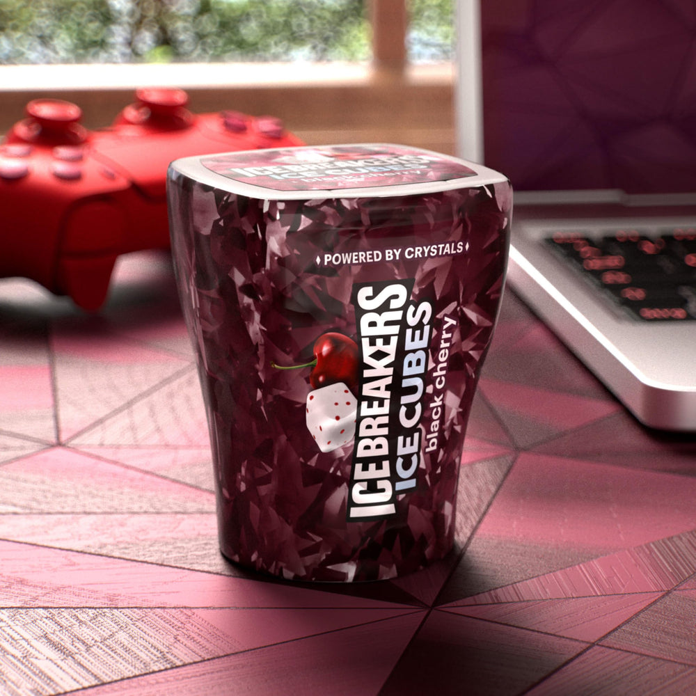 Ice Breakers Ice Cubes Black Cherry box view showing six-pack packaging.