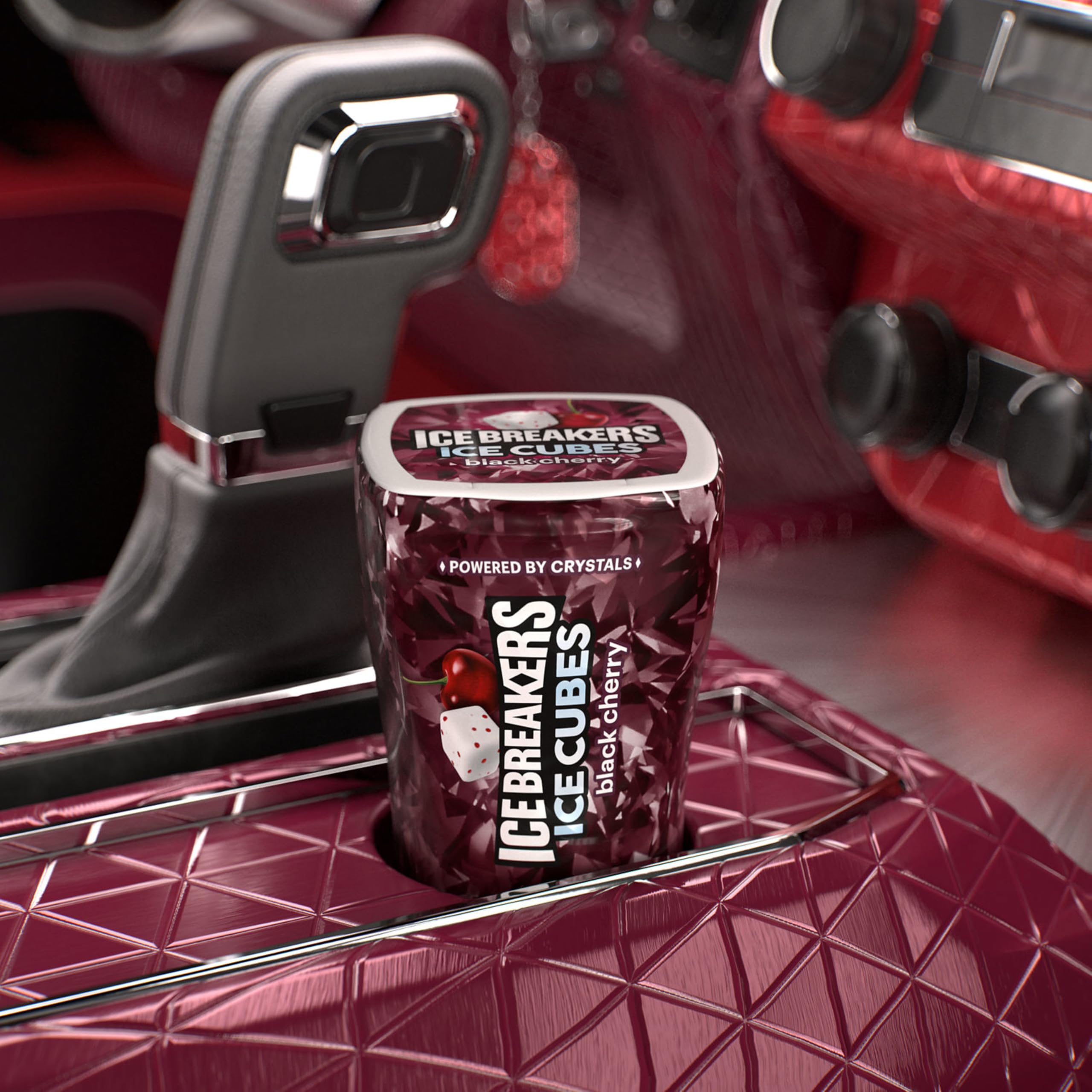 Ice Breakers Ice Cubes Black Cherry label detail emphasizes sugar-free gum.