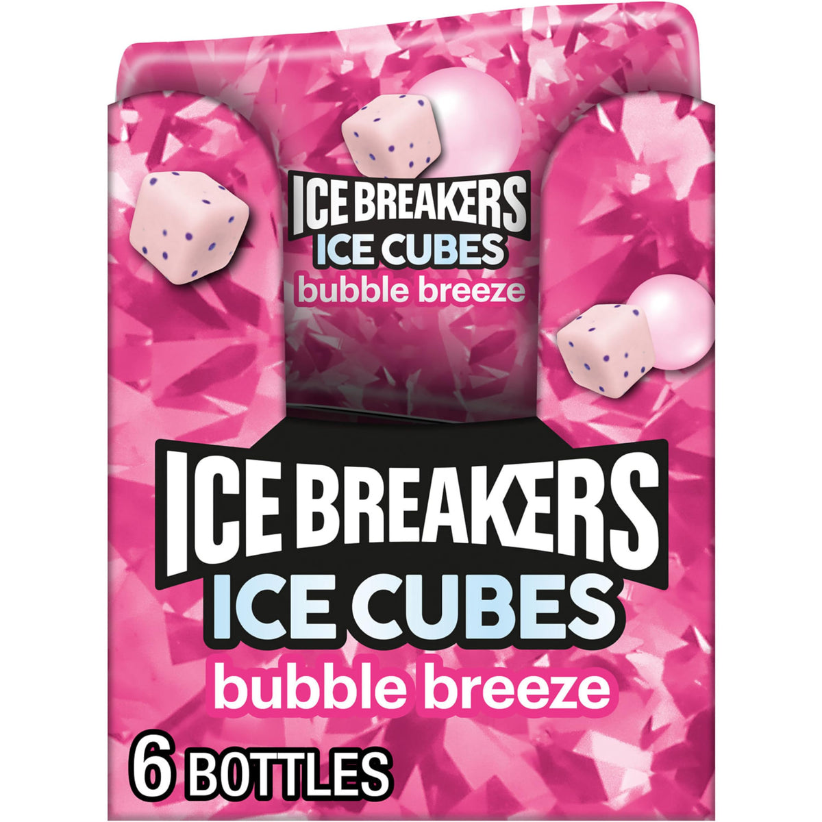 Ice Breakers Ice Cubes Bubble Breeze bottle close-up for portable freshness on the go.