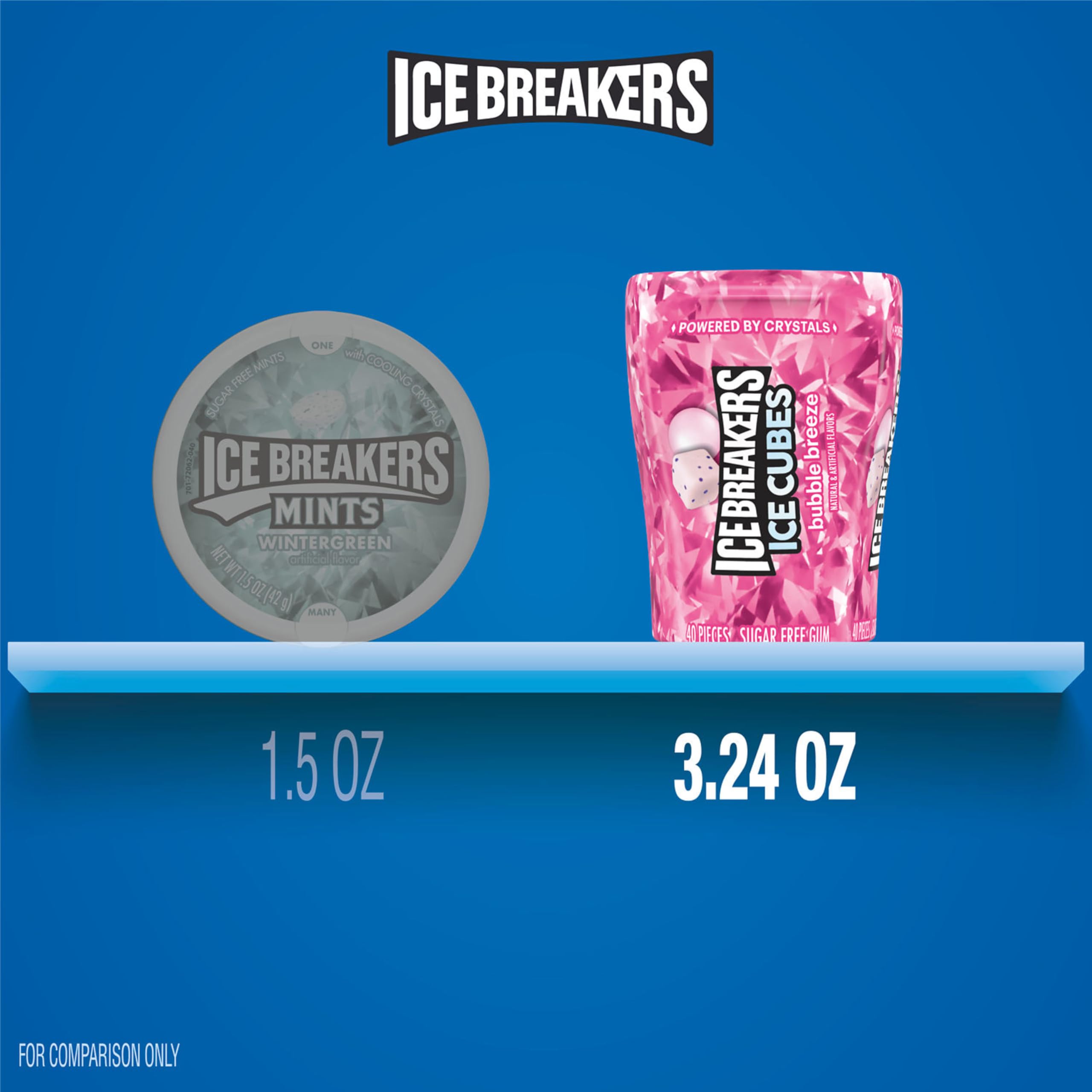 Ice Breakers Ice Cubes Bubble Breeze packaging box emphasizes sugar-free freshness.