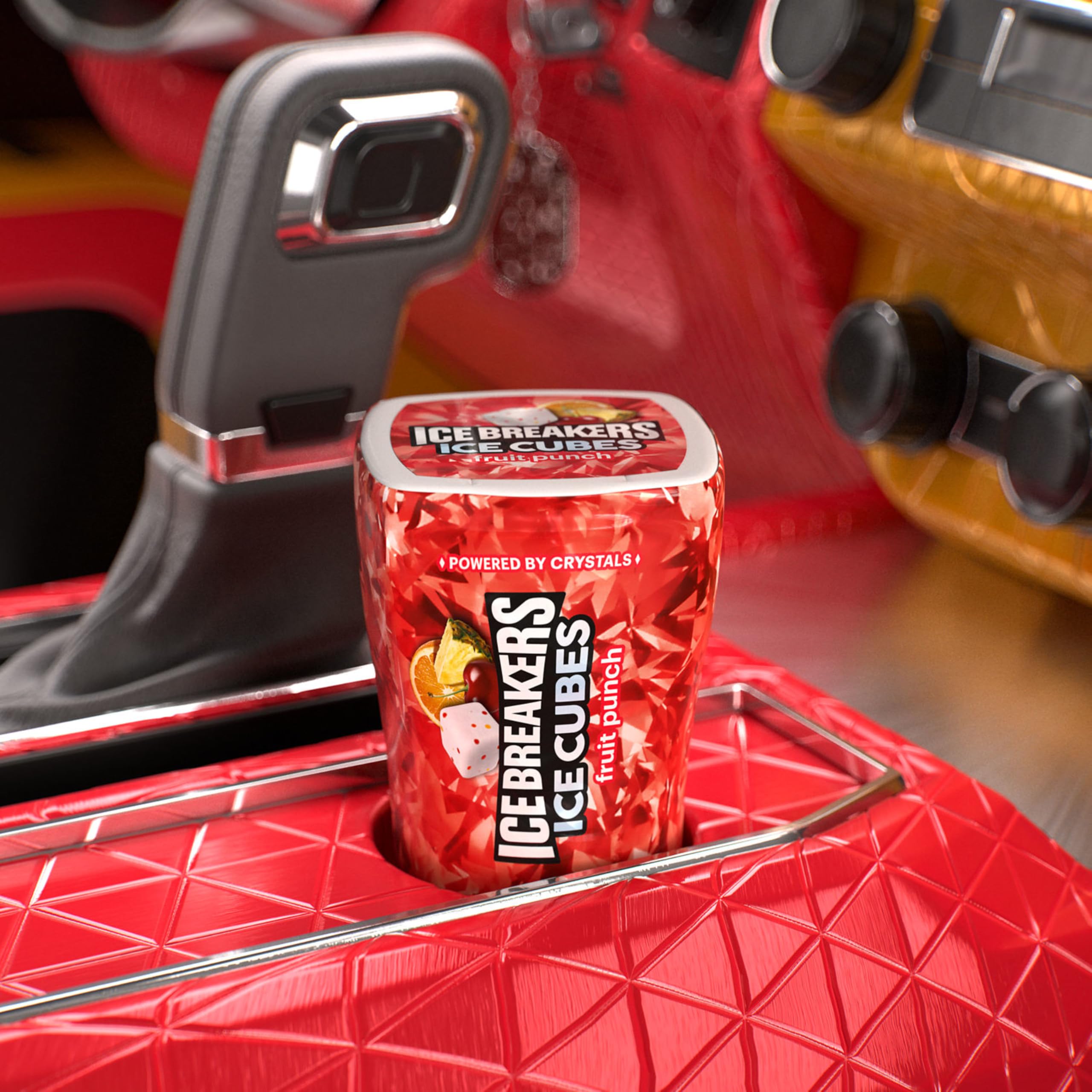 Ice Breakers Ice Cubes Fruit Punch in an office desk drawer for quick refreshment