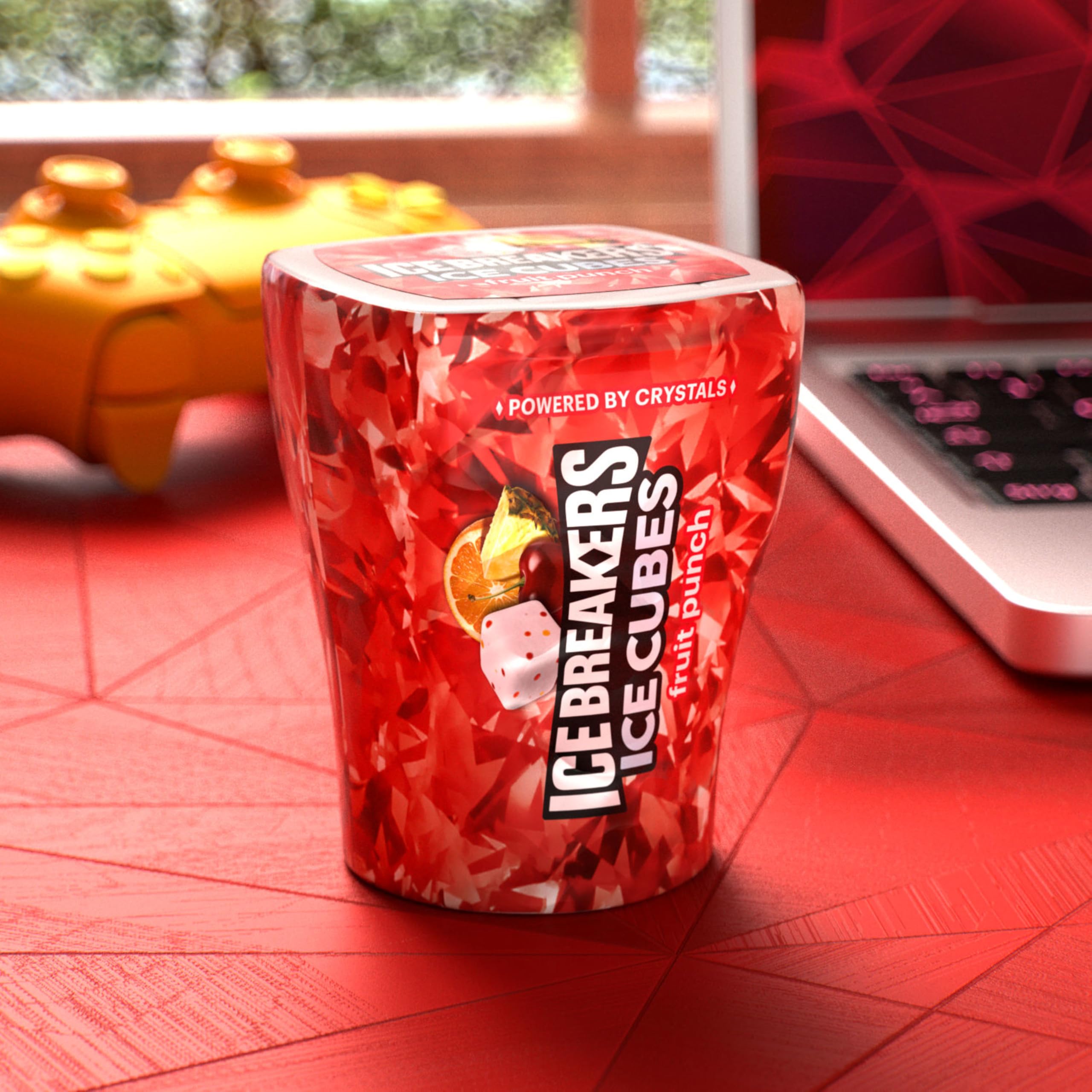 Ice Breakers Ice Cubes Fruit Punch label detail highlights xylitol and ADA acceptance